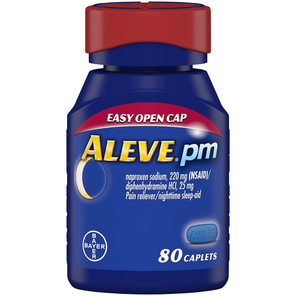 Aleve PM Caplets, Fast Acting Sleep Aid and Pain Relief for Bolesť hlavy, bolesti svalov, Non-Habit Forming 220 mg Naproxen Sodík a 25 mg Difenhydramín HCl Kapsule, 80 počet