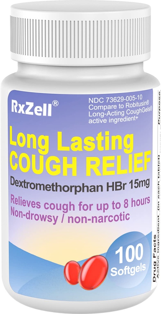 Relief na kašeľ dospelý, Dextrometorfan HBr 15mg (100 softgels), 8 hodinová dĺžka trvania, non-Drowsy, Kašeľ/Bronchial Supresant