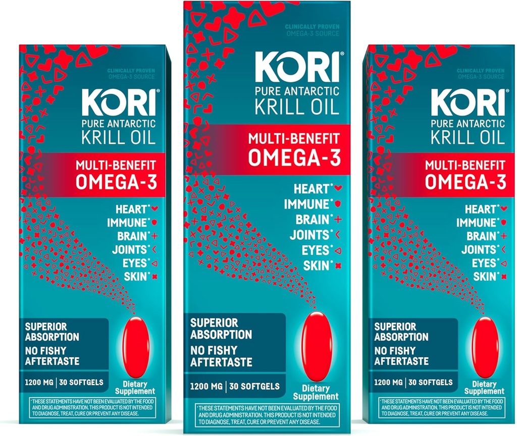 Kori Krill Oil Omega 3 Supplement, Antarktic Krill Oil with Superior Absorbtion vs Fish Oil, 1200mg Softgels, 30 Softgels, EPA & DHA (pack of 3)
