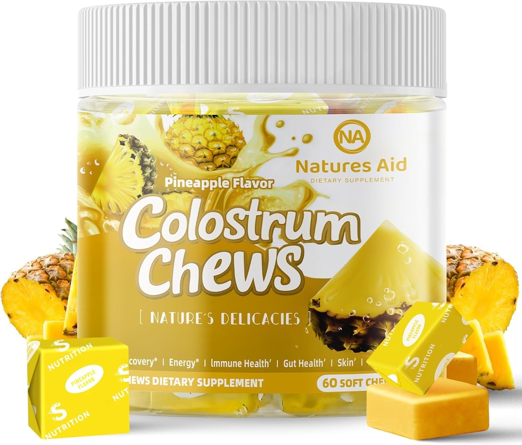 Colostrum Chews Supplement with probiotiká for Gut Health, Bloating, Immune Support, Koža, rast vlasov a krása - Ananásová príchuť (60 slúži)