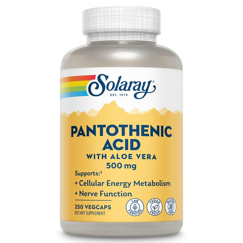 SOLARAY Kyselina pantoténová 500 mg - Doplnok kyseliny pantoténovej (vitamín B5) - Essential B Complex Vitamín - nervový systém a podpora bunkovej energie - Vegan, bez lepidla, 60-Deň Guaratee, 250 Servings