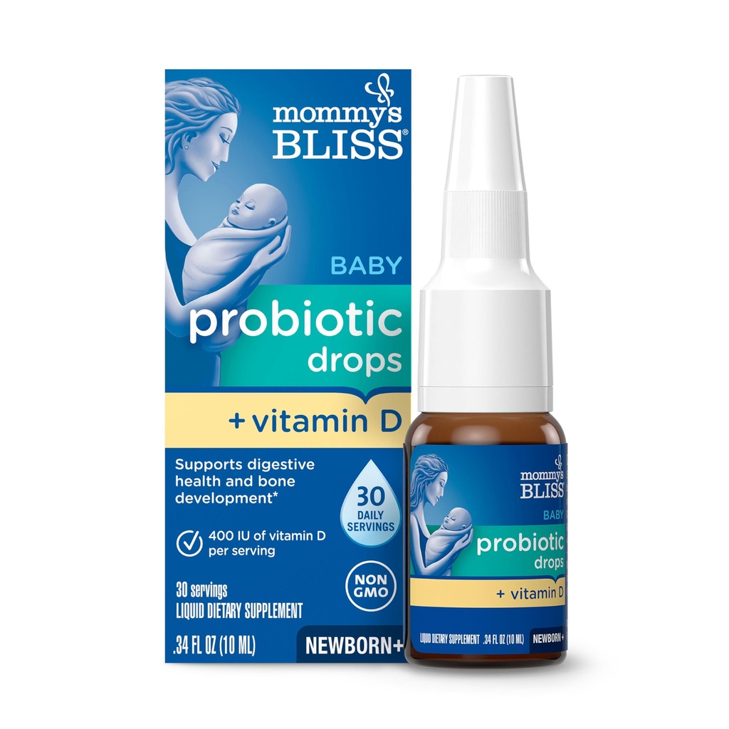 Momy's Bliss Baby Probiotic Drops + Vitamín D, podporuje trávivé zdravie a imunita, 400IU vitamín D pre zdravý vývoj kostí, novorodenci +, Ochutené, 0.34 Fl Oz (30 Servings)