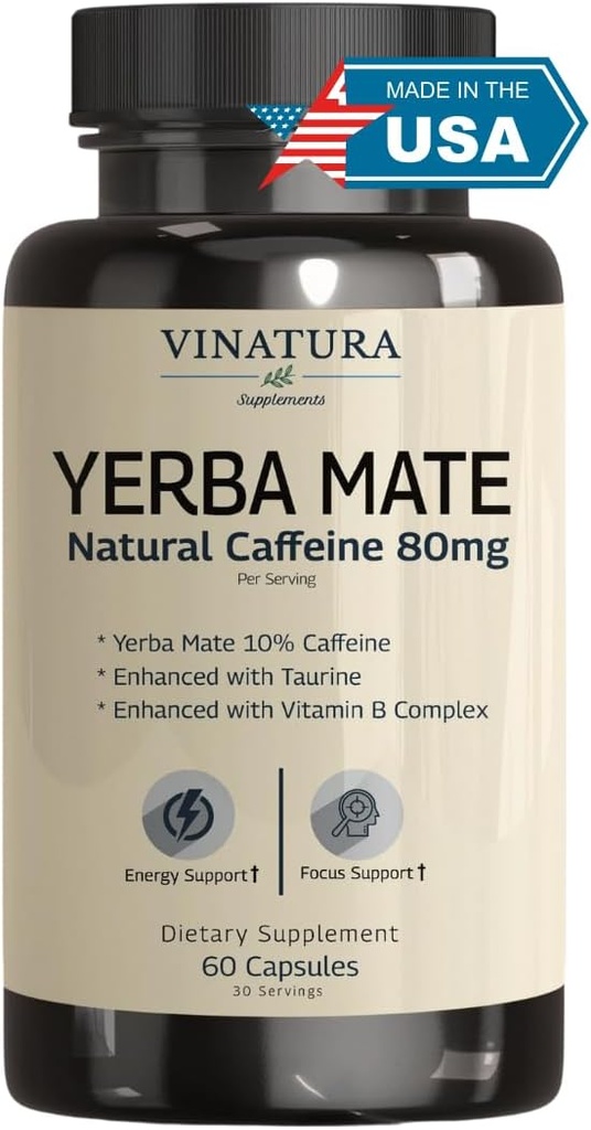Yerba Mate 1400mg - Magic Natural Caffeine & Energy Supplements *USA Made & Tested* High Potency Enhanced with Taurine and Vitamin B Complex - 60 Capsules