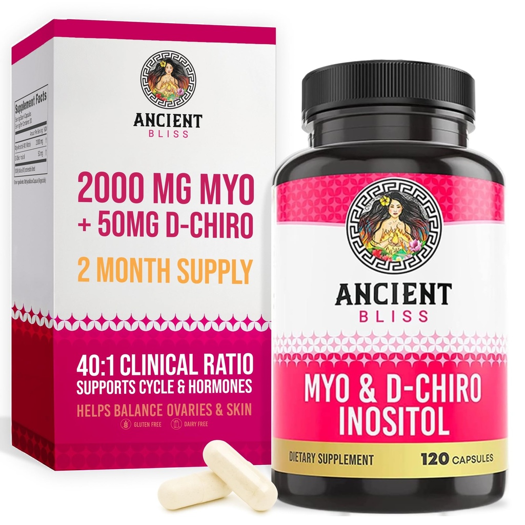 Staroveká blaženosť Myo & D-Chiro Inozitol Supplement, 40 až 1, Pomáha v Ovarial Funkcia Podpora pre ženy, Vitamín B8 Pomáha regulovať mentálny cyklus, 2050mg na obsluhu, 120 Vegánske kapsule