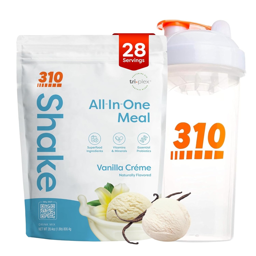 310 Nutrition All-in-One Replacement Shake Powder w/Shaker Cup Starter Kit - High Protein Fiber Rich Vegan Superfood Blend - bez cukru, Keto & Paleo Friendly, Low Carb - Vanilla Creme 28 srv