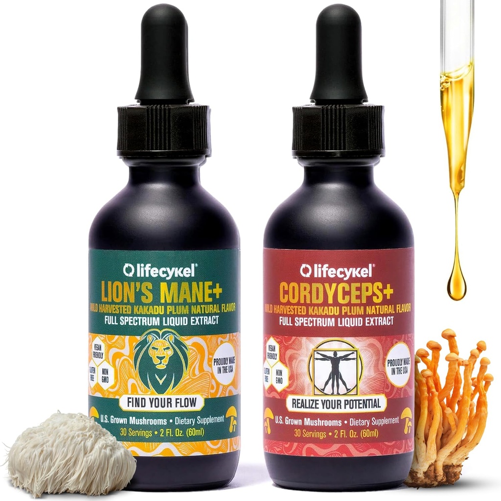 Life Cykel Cordyceps +Lion's Mane Extract Performance Pack - Organic Mushroom Supplement for Energy, Focus & Mental Clarity - USA Made, Pure & Potent Mushrom Liquid Drops for Adults