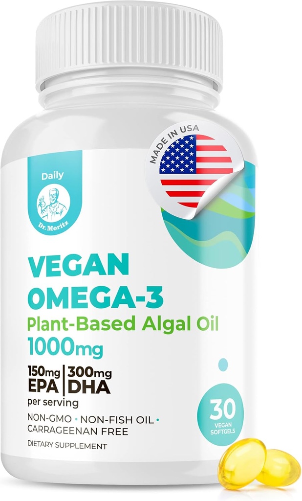 DR. MORITZ Vegan Omega-3 Softgels pre dospelých a deti, vyrobené z Algae olej s DHA EPA, Malé Algae Omega 3 doplnky, Vegan, 30 Počet