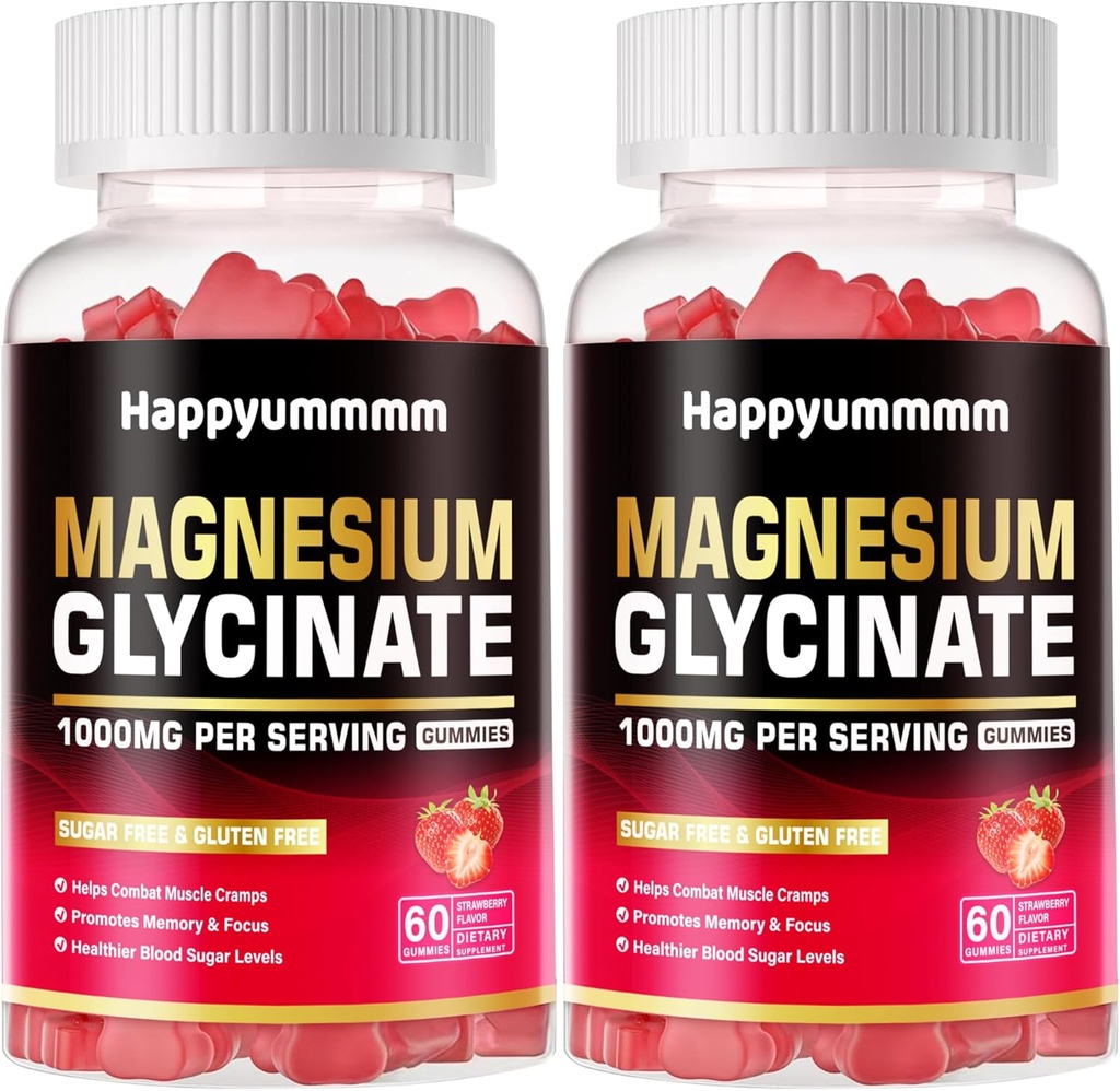 Glycinát horečnatý Gummies 1000mg - Bezcukrový horčík Draslík Supplement with Vitamin D, B6, CoQ10 for Calm Mood & Sleep Support - 120 Jahodové Gummy