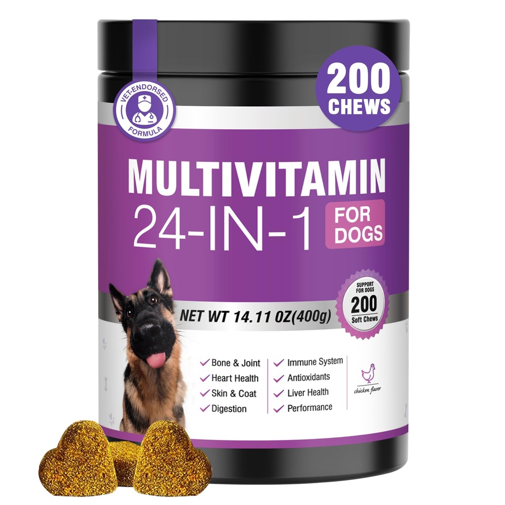 24-v-1 psa Vitamíny a doplnky 200 Ct Psy Multivitamín Žuvacie obsahuje Chondroitín Probiotiká Omega-3 Glukozamín pre psy Kožné krémové srdce kĺb Gut mozgu pečene Imunitná podpora oka - Kurča