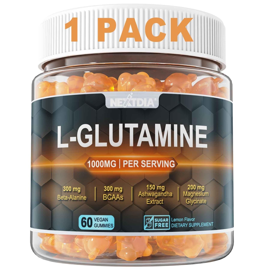 L-Glutamine 1000mg Gummy pre ženy a mužov s Beta-Alanine, BCAAs, Magnézium Glycinate, Draslík & Ashwagandha 