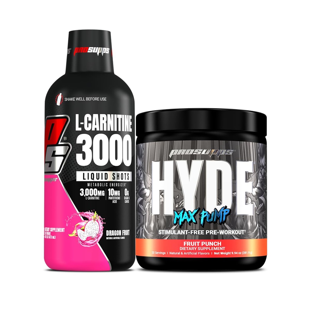 PROSUPPS L-karnitín 3000 Stimulant bez tekutých shotov (dragon fruit) a Hyde Max čerpadlo pred tréningom pre mužov a ženy (fruit Punch)