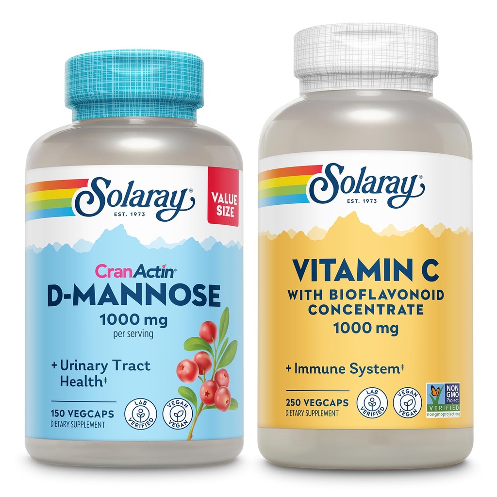 SOLARAY D- Mannose 1000 mg s CranActin Cranberry extrakt (150ct) a vitamín C 1000mg s Bioflavonoidy (250ct) - močový Tract, močový mechúr zdravie a imunitná podpora Bundle - Vegan, 60 dní Záruka