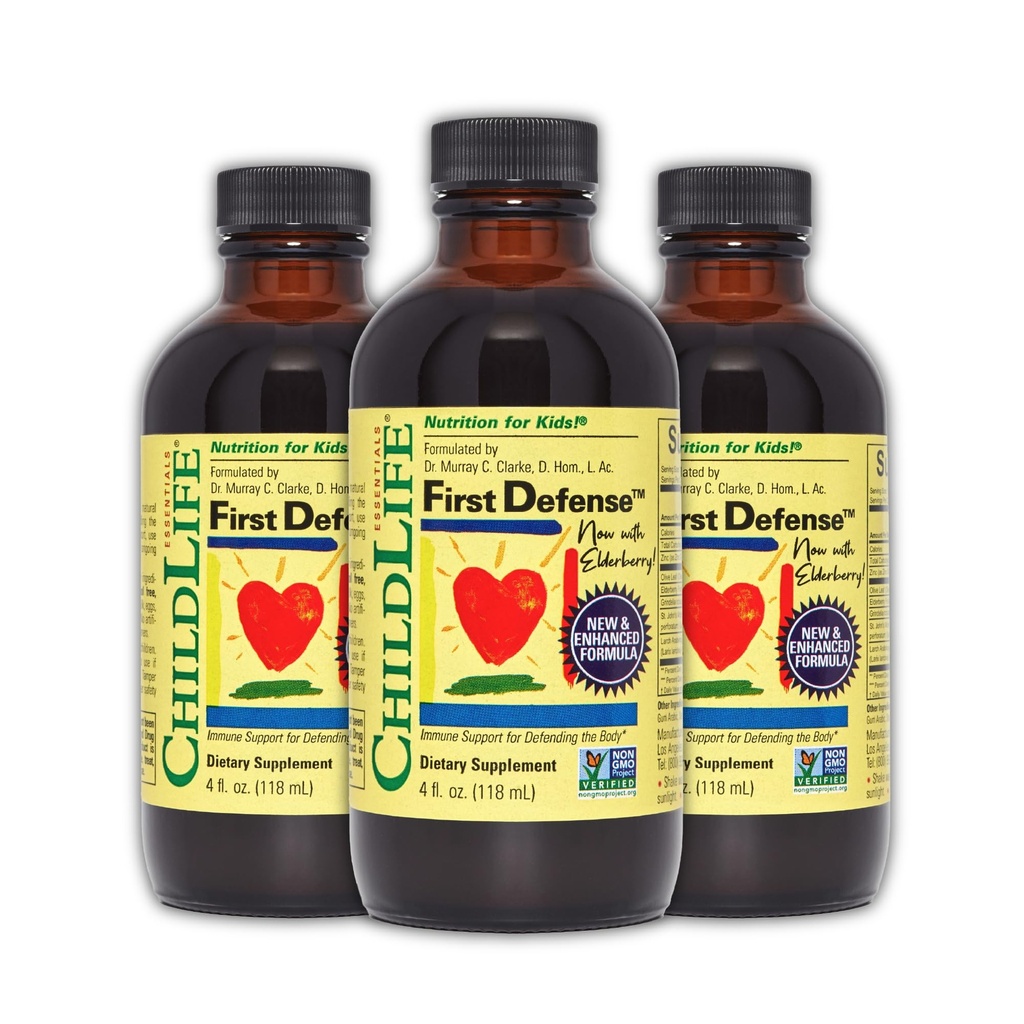 CHILDLIFE ESSIENTS First Defense - Kids Immune Support, Immune Support for Kids, Batoľatá 1-3, Bábätká 6 mesiacov+, Vitamín Sirup with Elderberry, Zinok, Non GMO, Gluten Free - 4 Fl Oz (Pack of 3)