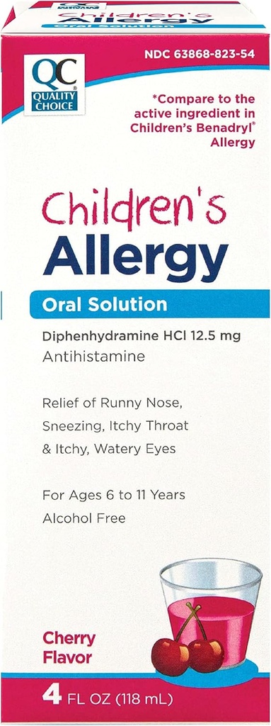 Kvalitná voľba Detská alergia, non-Drowsy Liquid Antihistaminika Solution. Bezalkohol Cherry chuť Aktívny difenhydramín pre kašeľ, Runny nose, svrbenie oči a hrdlo úľava 4 oz