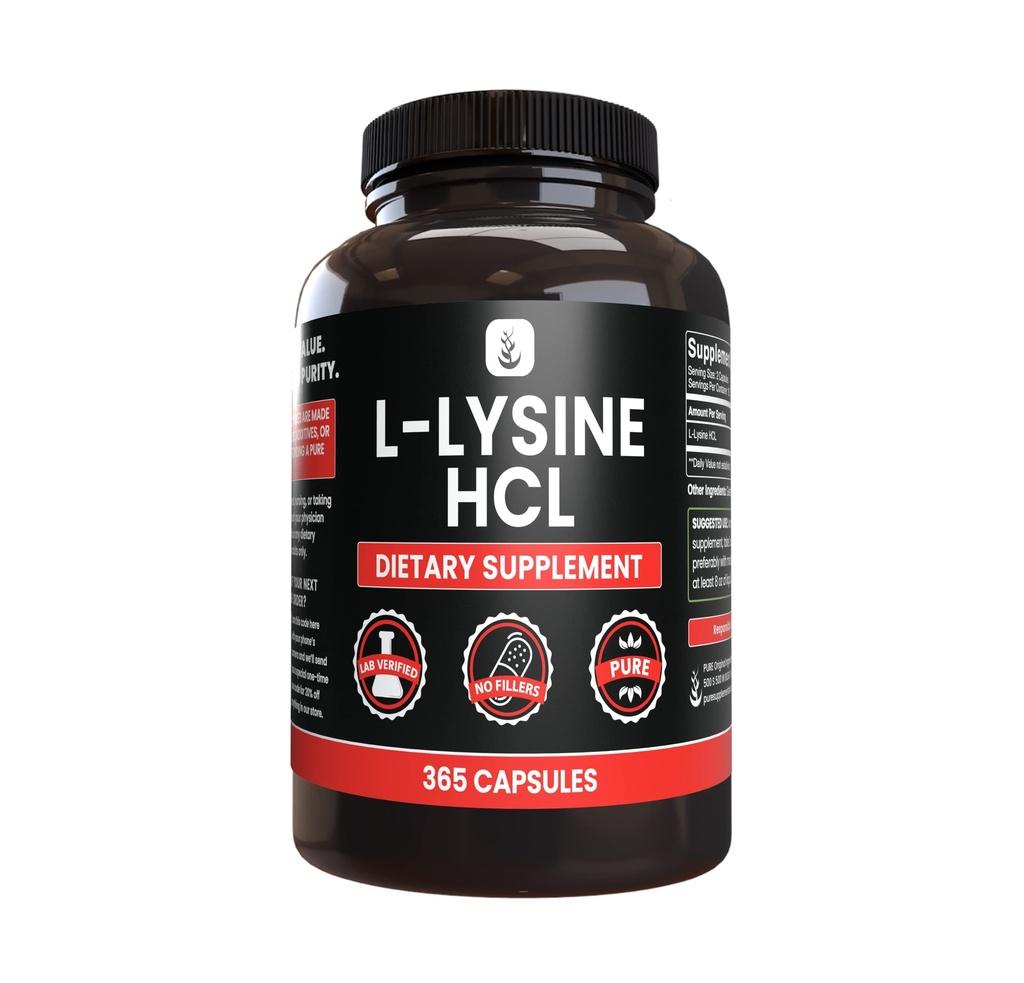 ČISTÉ ORIGINÁLOVÉ SUROVINY L-lyzín HCl (365 kapsúl) Bez horčíka alebo ryžových výplne, vždy čisté, Lab Overené