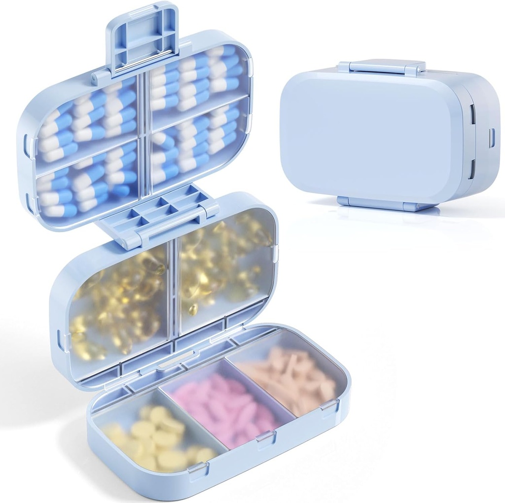 MEACOLIA Triple Folding pilulky Organizátor, 9 Compartments Travel Pill Prípad s veľkou kapacitou, Denné pilulky malé pilulky Kontajner pre vitamíny, Cod Liver Oil, Doplnky (modrá)