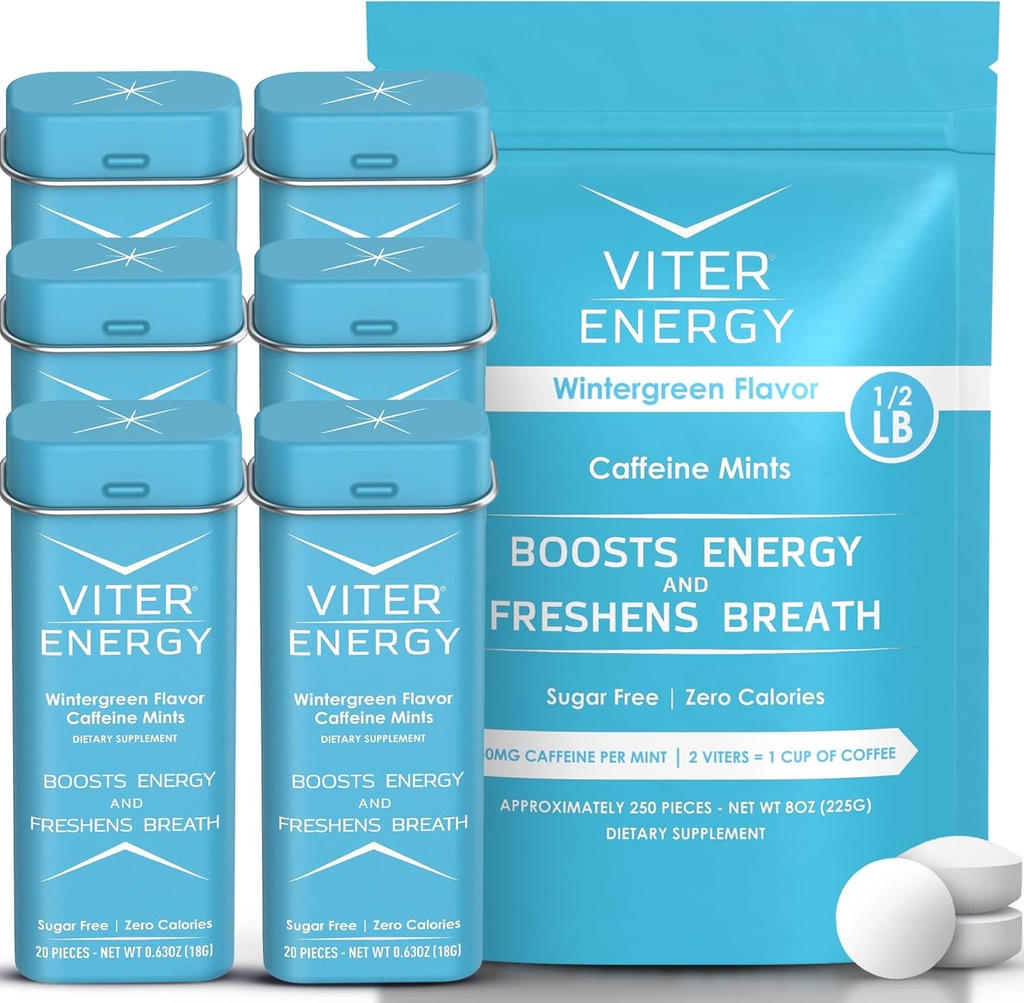 Viter Energy Original Caffeine Mints Wintergreen Flavor 6 Balenie a 1/2 libra hromadný vak Bundle - 40mg kofeín, B vitamíny, bez cukru, Vegan, Výkonný Energy Booster pre zaostrovanie a bdelosť
