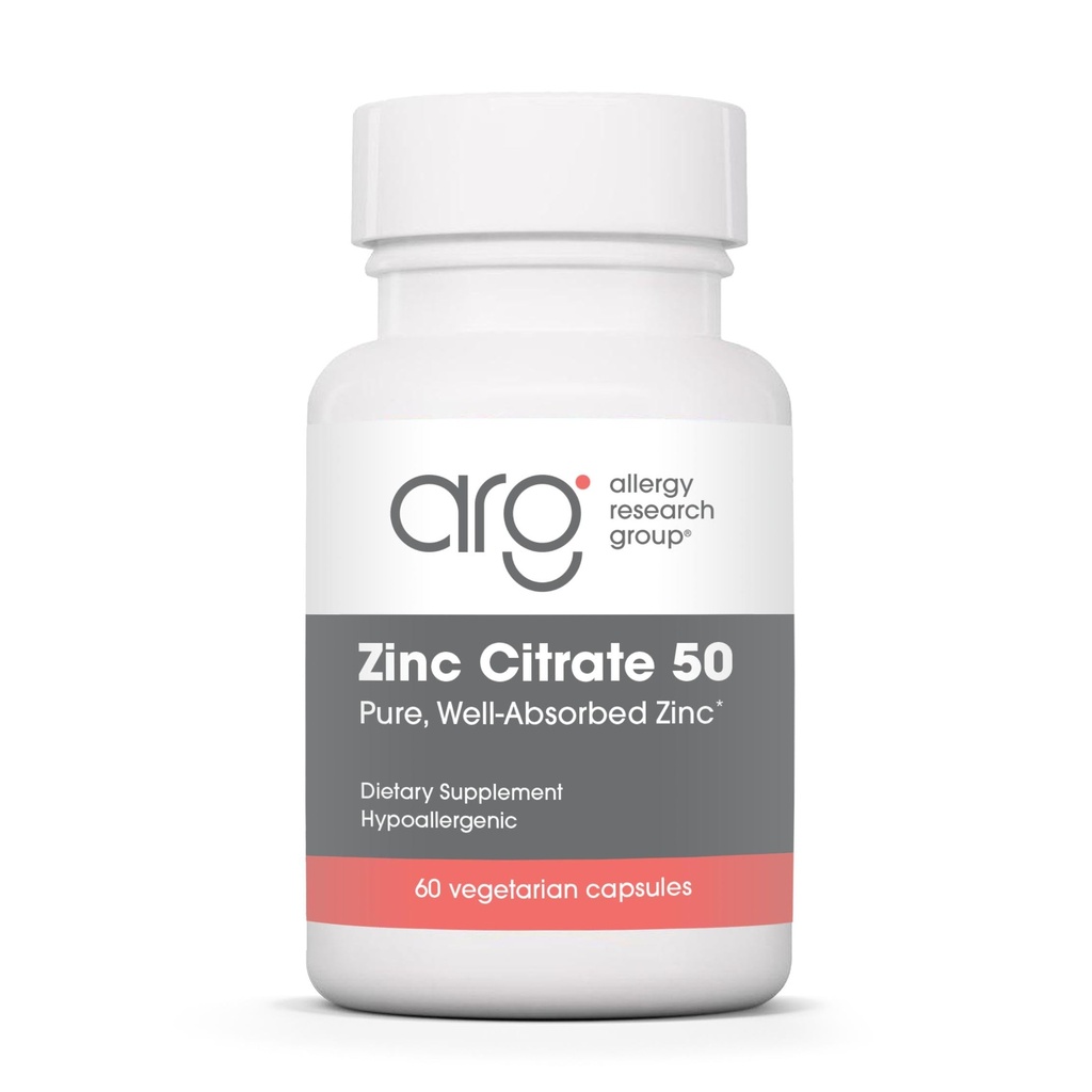 Allergy Research Group Zinkový Citrát Supplement - Zinok pre mužov a ženy, Immune Support, Pure, Well-Absorbed, Well-Tolerated, Trace Mineral, 50mg Vegetariánske kapsule - 60 Počet
