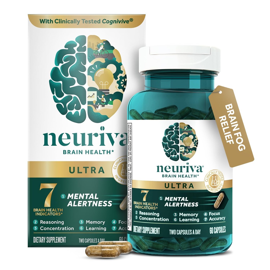 NEURIVA Ultra bez kofeínu Klinicky testovaný nootropný doplnok mozgu pre duševnú výstrahu, pamäť, zameranie a koncentráciu, kognitívny, neurofaktor, fosfatidylserín, vitamíny B6 B12, 60 kapsúl