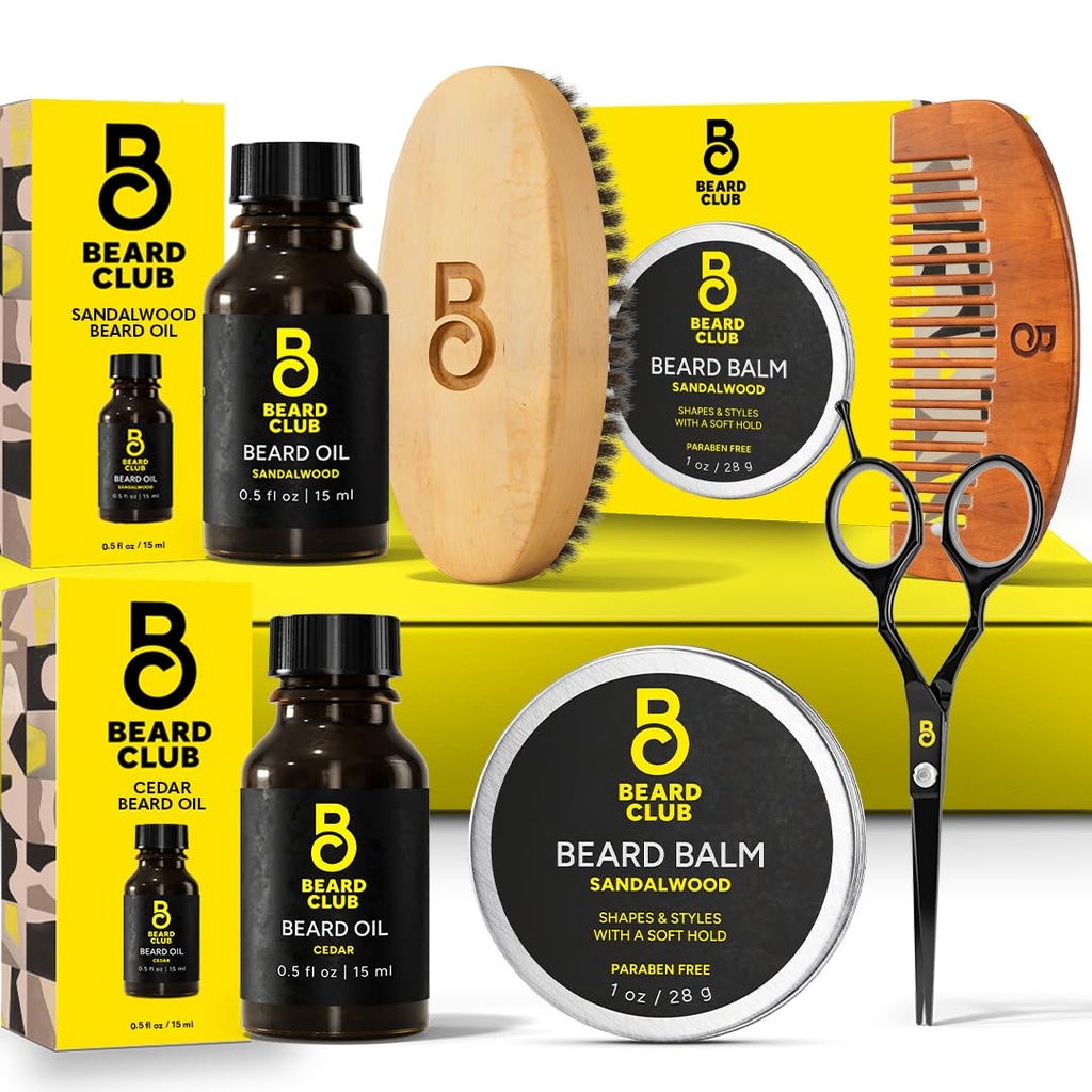 Klub medvedíkov pre mužov - grooming & Care Kit - Cedar & Sandalwood Oil, Sandalwood Balm, Boar Bristle Brush, Comb, Trimming Nožnice - otec Darček Set