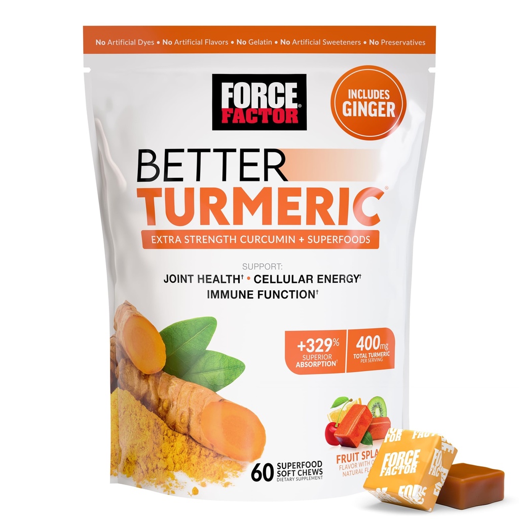 FORCE FACTOR Lepší Turmeric Supplement 400mg s Black Pepper & Ginger, extra sila Podpora kĺbu, superabsorpcia, ako Turmeric Gummies, Fruit Splash, 60 Turmeric Chews