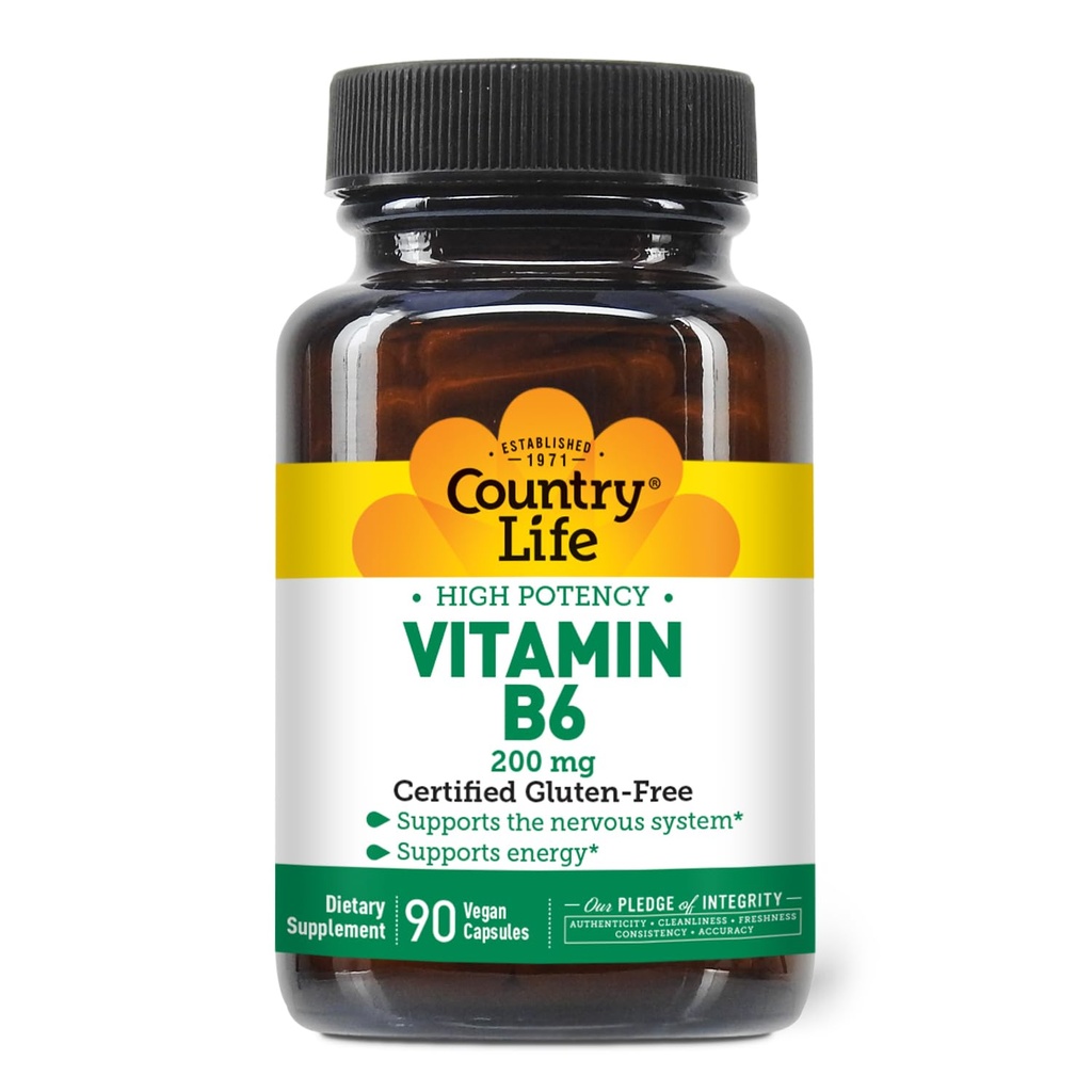 Country Life Vitamín B-6, High Potency, podporuje energiu a nervový systém, 200 mg, 90 Vegan Kapsule, Certified Gluten Free, Certified Vegan, Certified Halal...