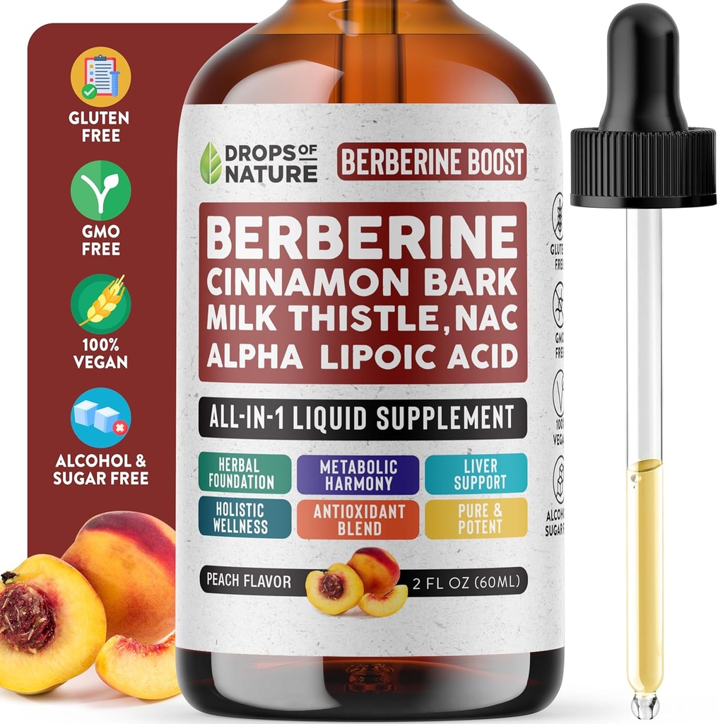 Berberine Supplement, Milk Thitle, Ceylon škorica, Alpha Lipoic Acid, NAC Supplement Liquid Drops - Vegan, 4X Absorbcia ako Kapsule - Berberine pre podporu pečene a Holistic Wellness (Peach, 60ml)