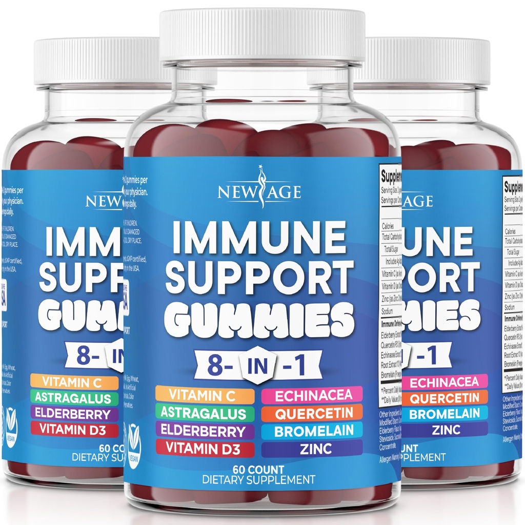 NEW AGE 8 in 1 Immune Support Booster Supplement with Astragalus Root, Vitamín C and Zinc 50mg, Vitamín D 5000 IU, Quercetin & Bhlutain (8 in 1 Gummies (Pack of 3))