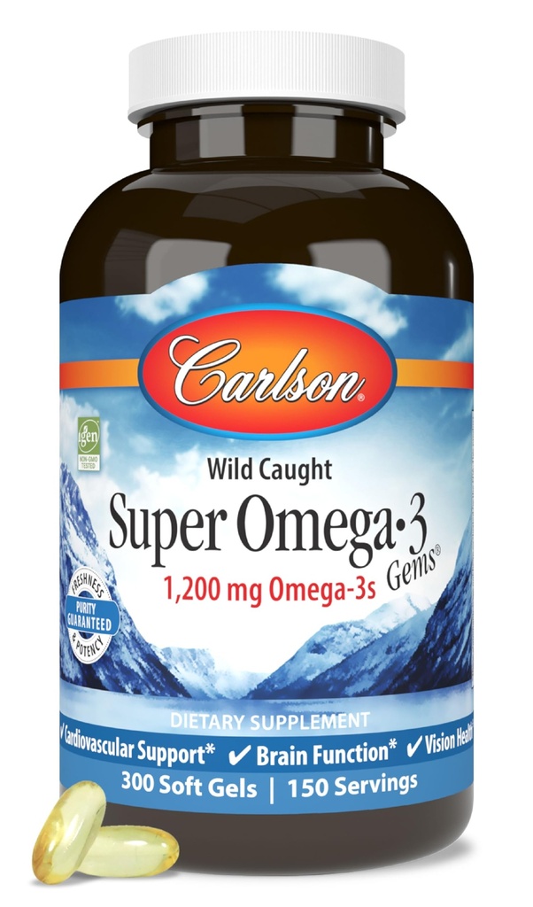 Carlson - Super Omega-3 drahokamy, 1200 mg Omega-3 mastné kyseliny s EPA a DHA, Wild-Caught Norwegian Fish Oil Supplement, Trvalo dostupné kapsuly 300 Softgels