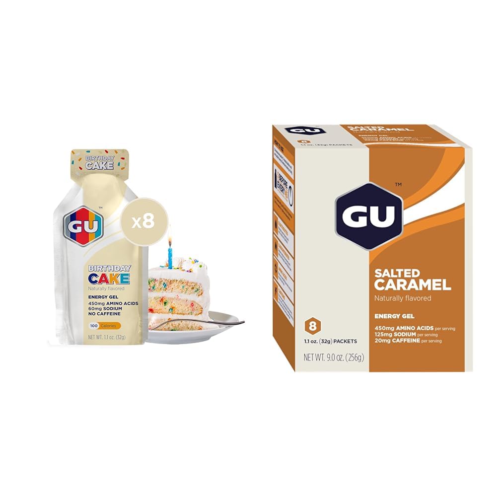 GU Energy Original Sports Nutrition Energy Gel, 8-Count Birthday Cake a 8-Count Solené karamelové príchute