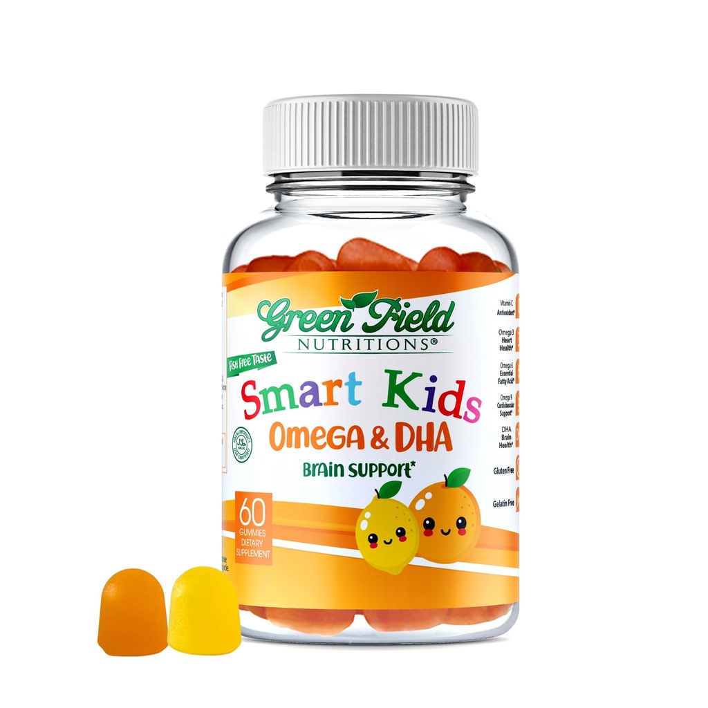 Greenfield Nutritions Smart Kids Halal Omega 3 Gummy s DHA - 60 Halal Vitamíny pre deti, podporuje mozog a imunitné zdravie - Vegan, Non-GMO, Gluten, Želatína-free a Arašidové bez halal Gummy Vitamíny