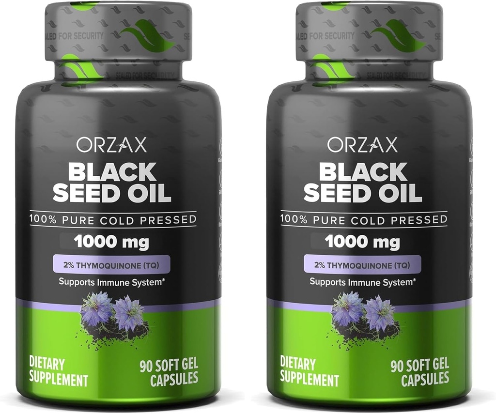 ORZAX Black Seed Oil 1000 mg Organic Cold Pressed Kapsule od Hair, Skin, and Joints - Rich in Omega 3 6 9 - Non- GMO, Gluten Free - (90 Soft Gel Capsules) (Pack of 2)
