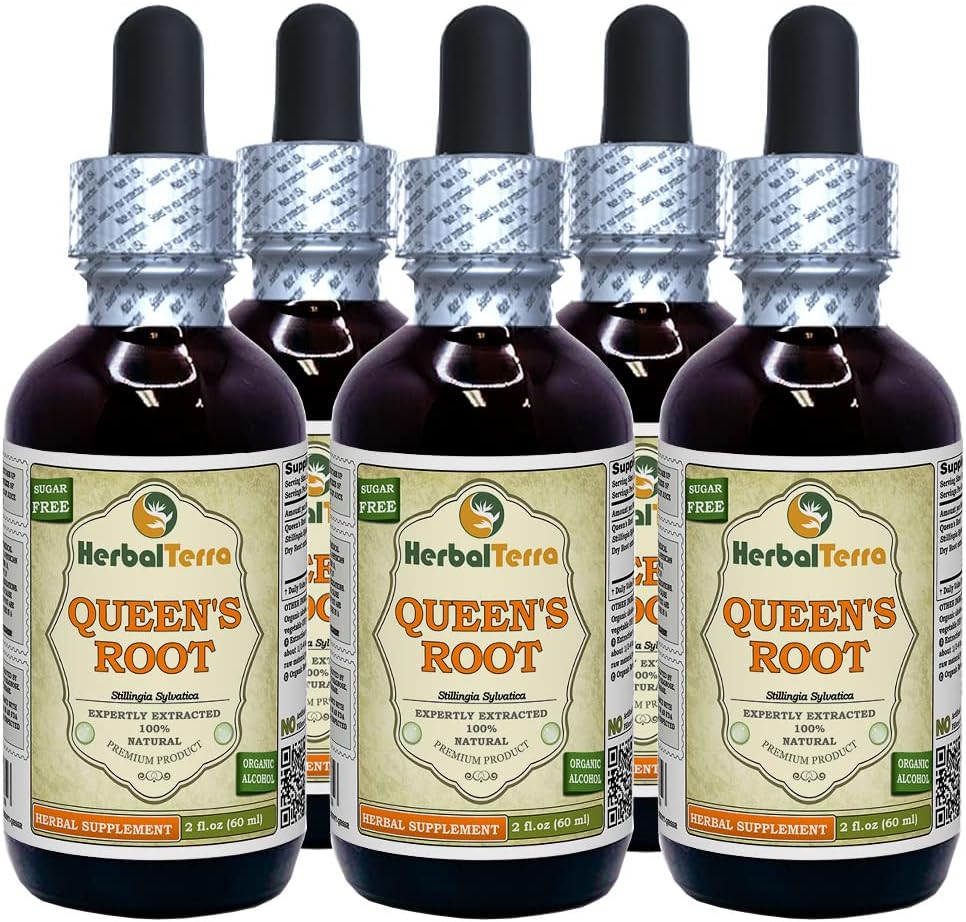 Queen's Root (Stillingia Sylvatica) Tinktúra, Sušené korene tekutého extraktu (brand name: HerbalTerra, hrdo vyrobené v USA) 5x2 fl.oz (5x60 ml)