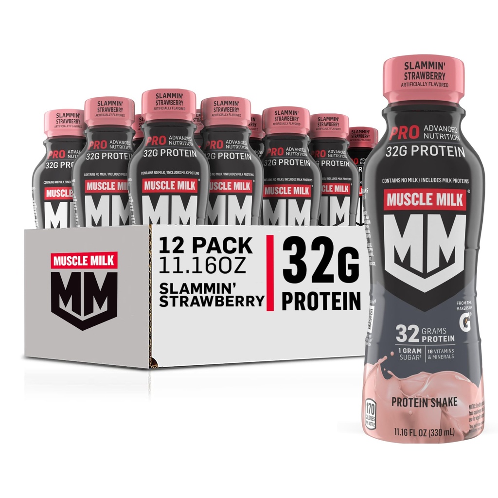 Muscle Milk Pro Advanced Nutrition Protein Shake, Slammin' Strawberry, 11.16 Fl Oz (Pack of 12), 32g Protein, 1g Sugar, 16 Vitamins & Minerals, 5g Fiber, Bottled Liquid, Gluten Free