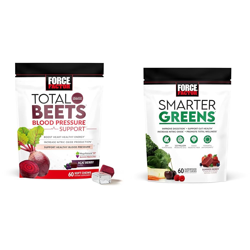 Force Factor Total Repets Podpora krvného tlaku Doplnky s Beet Powder & Smarter Greens Superfood Chews
