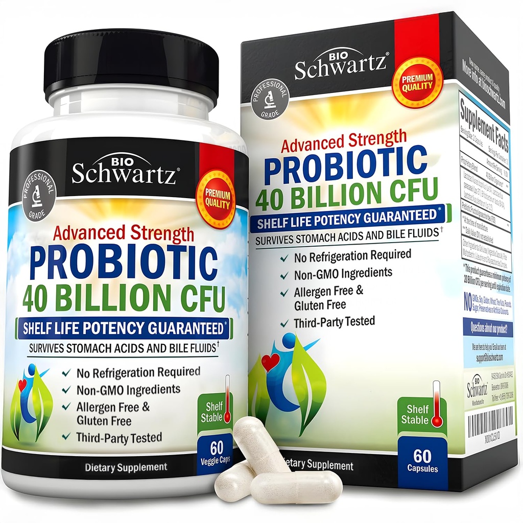 BioSchwartz Daily Probiotic Nutritional Supplement - 40 miliárd CFU pre zdravie Gut - Probiotiká pre mužov a ženy - Tráviace zdravie s Astragalusom a Lactobacillus - Server Stable - 60 Počet