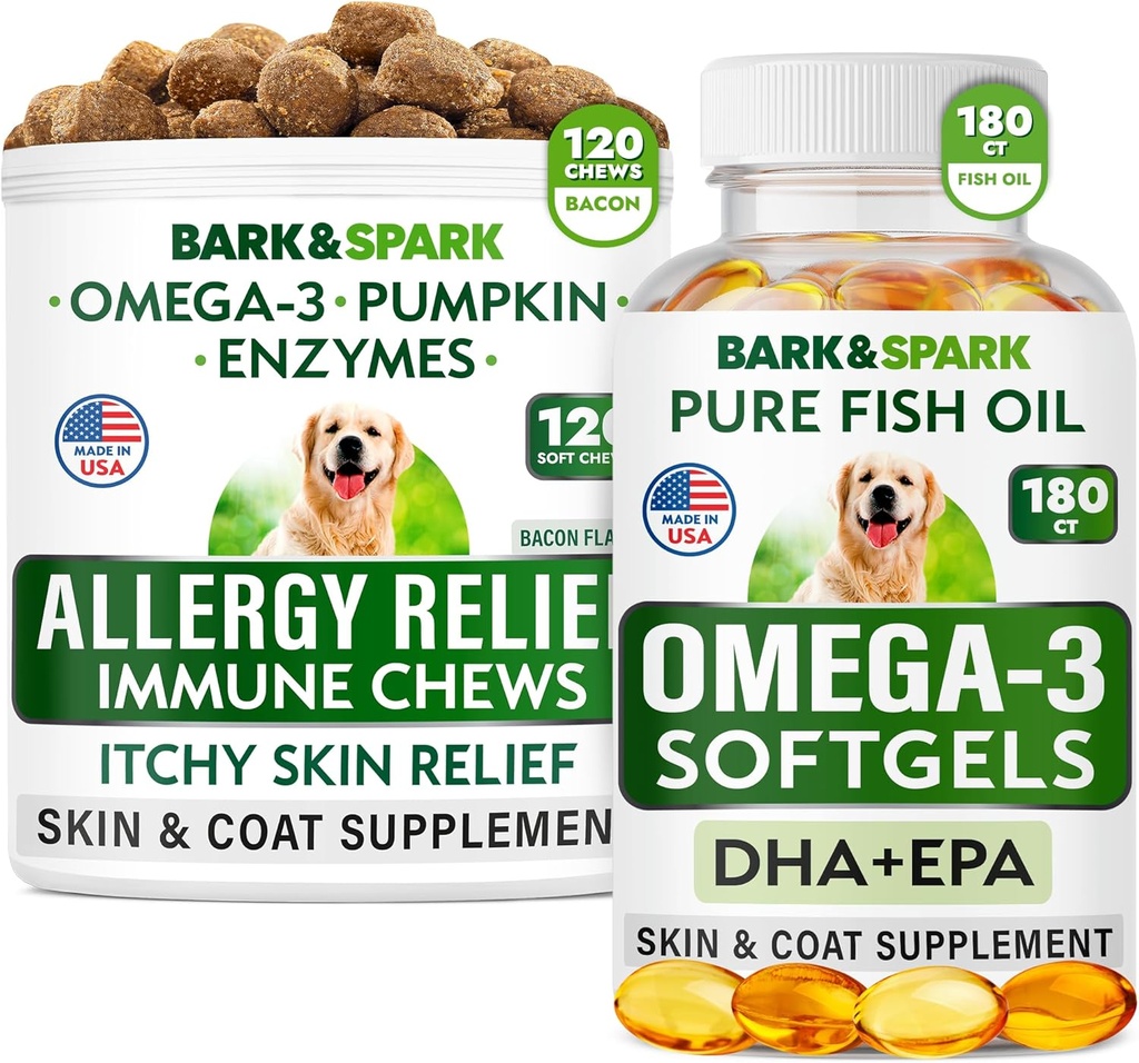 Alergická úľava + Omega 3 Bundle - Anti-svrbenie kože & Coat doplnok + kožné alergie - Omega 3 Rybí olej + EPA& DHA mastné kyseliny - svrbenie&Paw Licking + Spoločné zdravie - 120 Žuvačky + 180 Softgels - Made in USA