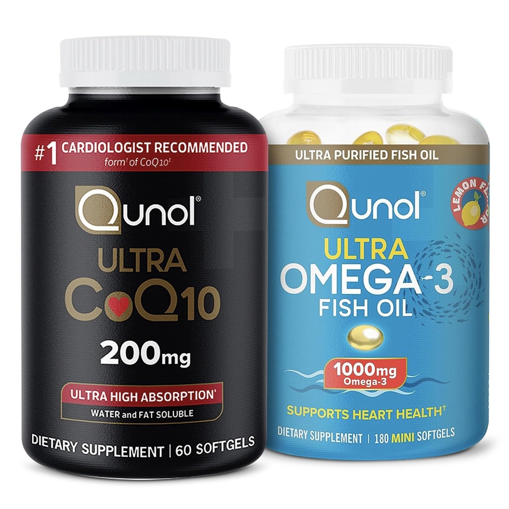 Qunol CoQ10 100mg Softgels, 3X Lepšia absorpcia, 4 mesiace Zásobovanie, 120 Počet + Rybí olej Omega 3 Mini Softgels, 1000mg Omega 3 EPA + DHA, 3 mesiace Zásobovanie, 180 Počet