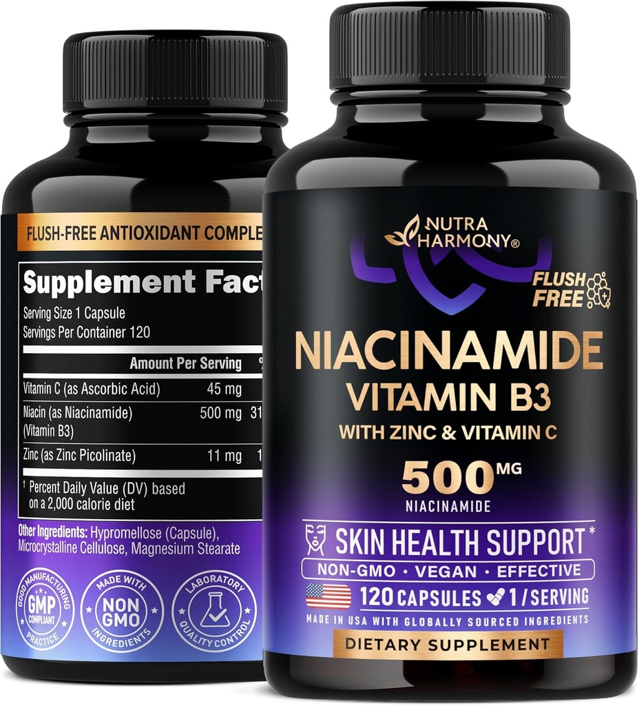Niacínamid 500 mg - Vitamín B3 vo forme bez splachovania Niacínamid Supplement - Healthy Clear Skin & Antioxidant Support - s Zinkom a vitamínom C - Lab Testovaný, Vegan & NON-GMO - Made in USA - 120 Kapsule