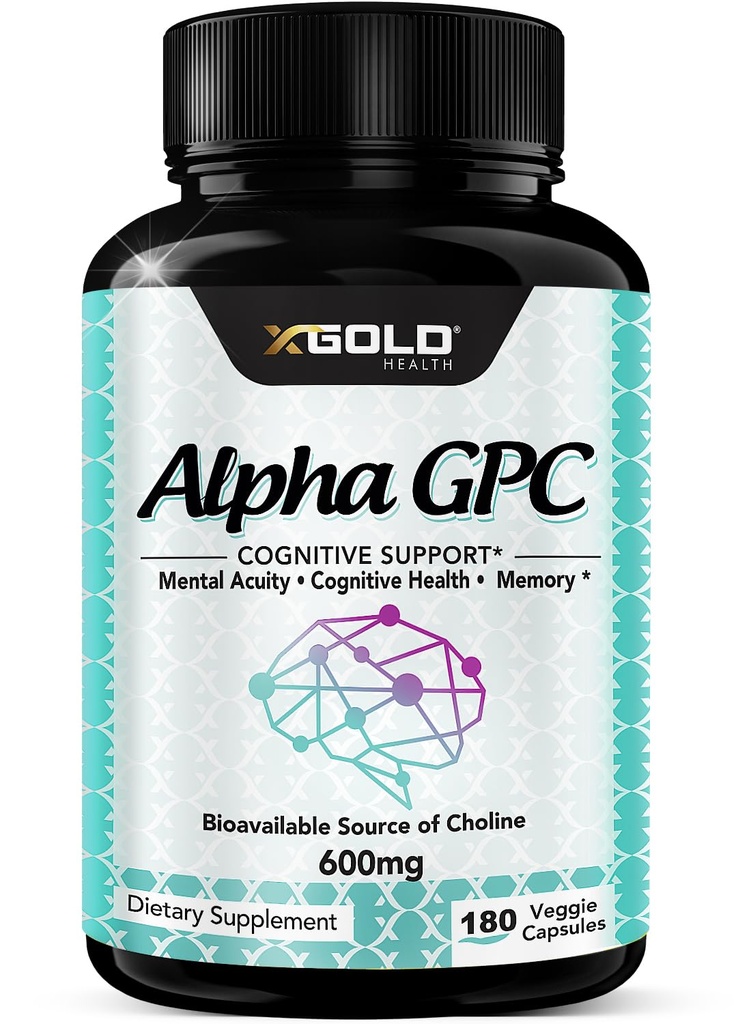 Alfa GPC Choline Supplement 600mg, 99%+ Vysoko čistý, vysoko biologicky dostupný zdroj Choline 180 Veggie Capsules, Cognitive Enhancer Nootropic, podporuje pamäťovú a mozgovú funkciu, Boosts Focus & Mood