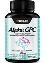 Alfa GPC Choline Supplement 600mg, 99%+ Vysoko čistý, vysoko biologicky dostupný zdroj Choline 180 Veggie Capsules, Cognitive Enhancer Nootropic, podporuje pamäťovú a mozgovú funkciu, Boosts Focus & Mood