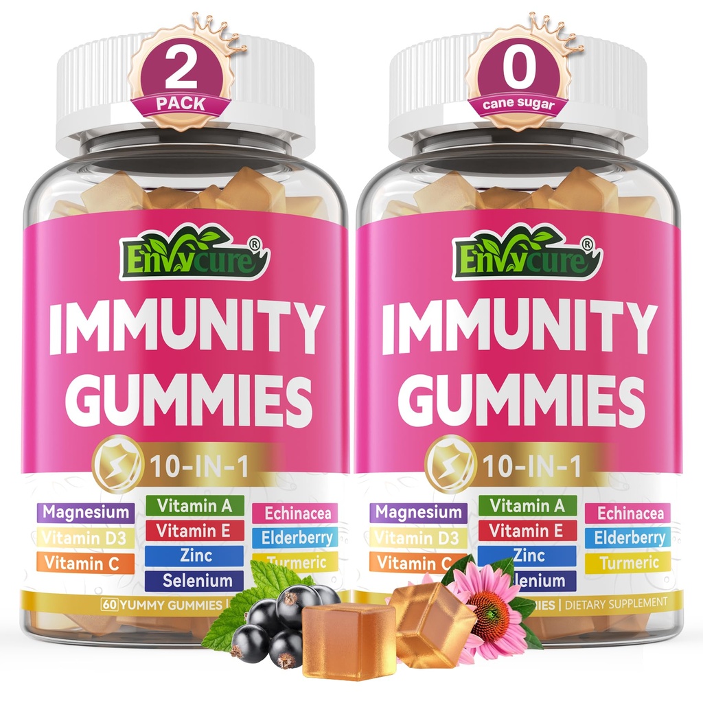 10 in 1 Imunitná podpora Supplement Gummies, w/ Echinacea, Vitamín C a zinok v bazových plodoch, selén, vitamín D3 5000IU, horčík, denne Imunitný posilňovací multivitamín, pre antioxidačnú kostnú energiu, 2 balenia