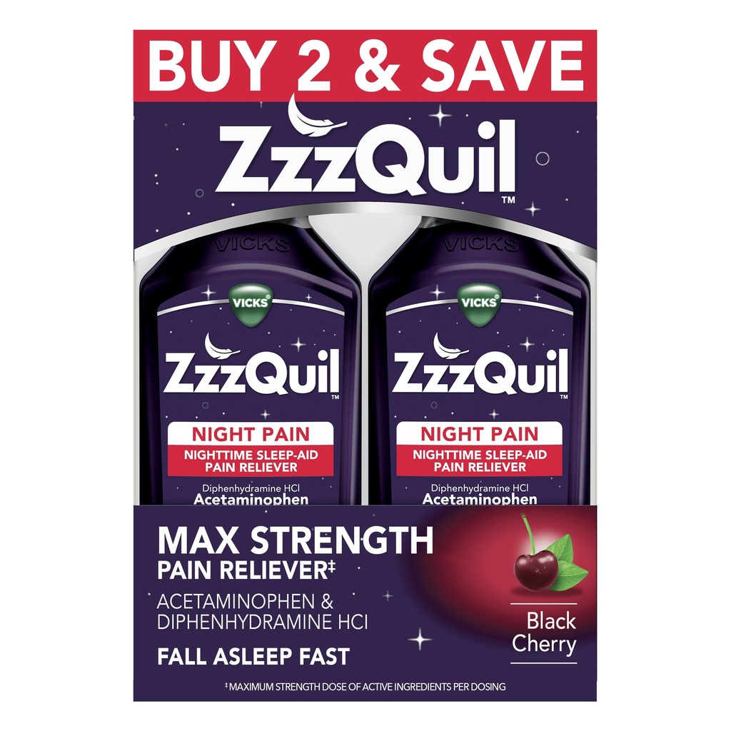 ZzzQuil Liquid Max Strength Pain Reliever, Nighttime Sleep Aid Liquid, Acetaminophen 1000mg, Difenhydramín 50mg HCI, Non-Habit forming, Black Cherry Ochutené, 2 balenie, 24 FL OZ