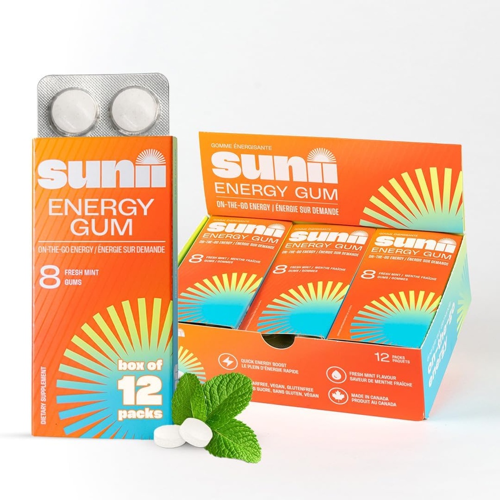 Sunii - Energy Gum - NEW Quick Boost Energy & Focus - 50mg Kofeínová Gum - Vitamins B6 & B12, Taurine, Vegan, Bez cukru, Zero Calorie, Fresh Mint Taste - rýchlejšie ako Chews, Drinks, Gels & Pills (96ks)