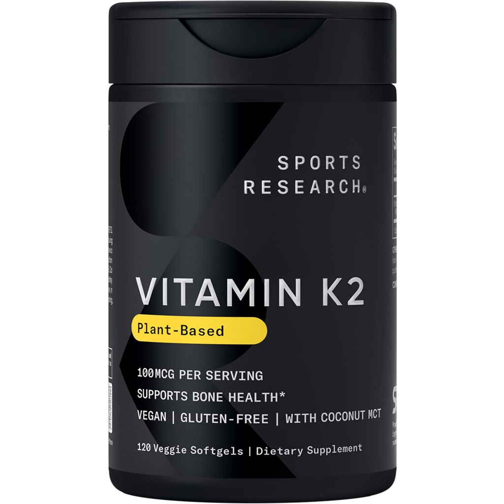 Športový výskum Vitamín K2 ako MK-7 100mcg s kokosovým MCT olejom - 120 Veggie Softgels (4 mesiace dodávky) Vegan Certified, non-GMO Overené, Gluten & Soy Free