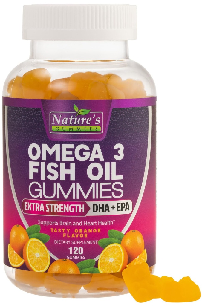 Omega 3 Rybí olej Gumies, srdce zdravé Omega 3 Gumový doplnok s vysokou absorpciou DHA & EPA, Extra sila Podpora kĺbu a mozgu, Lahodná Orange flavor rybí olej Nature vitamín - 120 Gummies