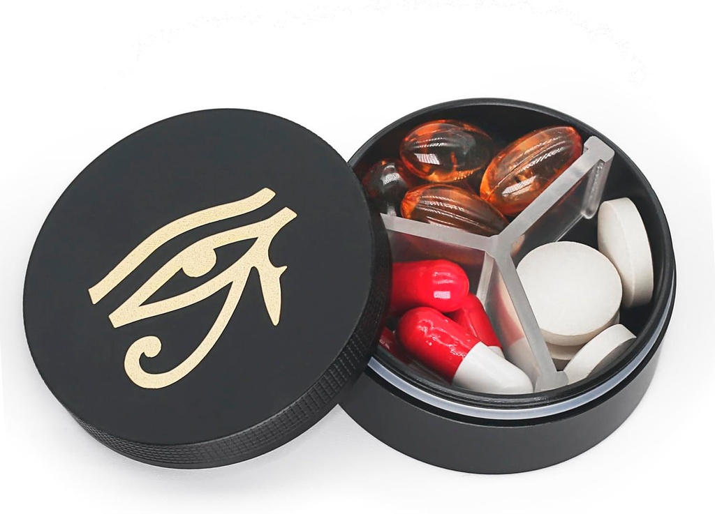 Malá tabletka Prípad 3 Compartments, Metal Round Prenosné pilulky Box, Nepremokavé cestovné pilulky Organizátor, vrecková Purse Medicine Vitamínový držiak EDC Kontajner (Čierny s očami)