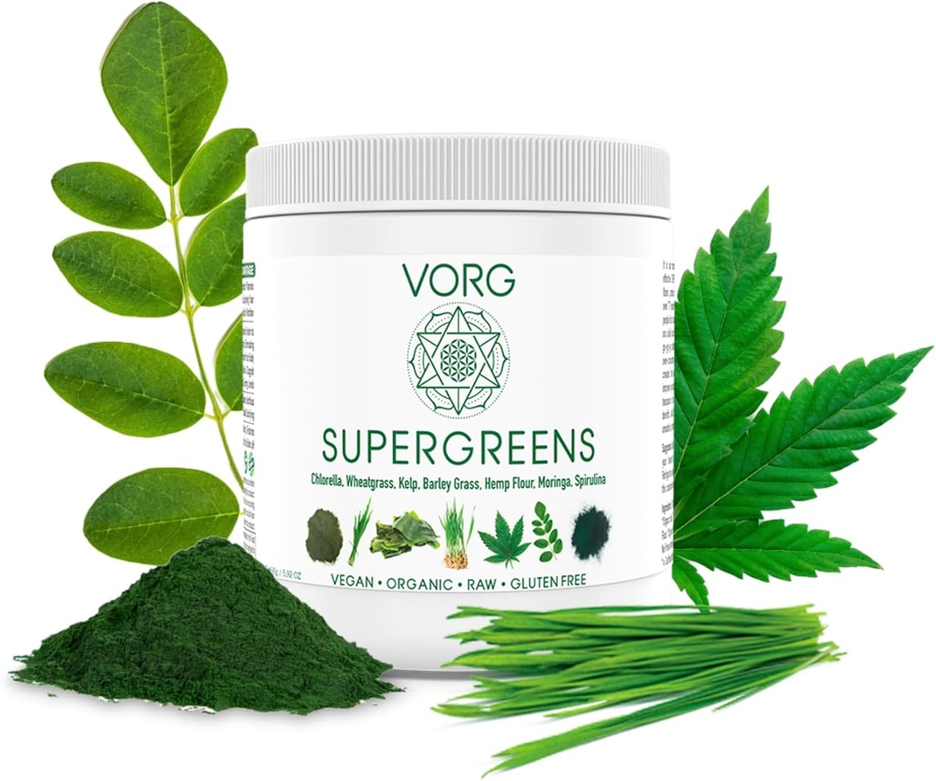 VORG SuperGreens - #1 Green Superfood Powder with Chlorella, Jačmenná tráva, Moringa, Kelp, Spirulina, Pšeničná tráva - 100% Organic - Probiotiká, Fiber & Enzymes (1 týždeň dodávky)