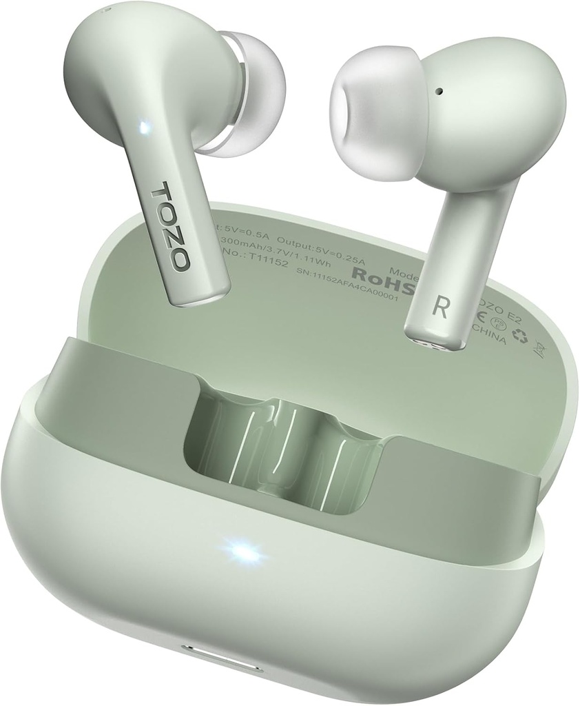 TOZO E2 Bezdrôtové Earbuds s 2 Mics AI volajte zrušenie hluku, 10mm ovládače s výkonnou basy, App Prispôsobiť 32 EQs, 30H Playtime, Bluetooth 5.3 Ušné putá, Komfort Fit in-Ear slúchadlá