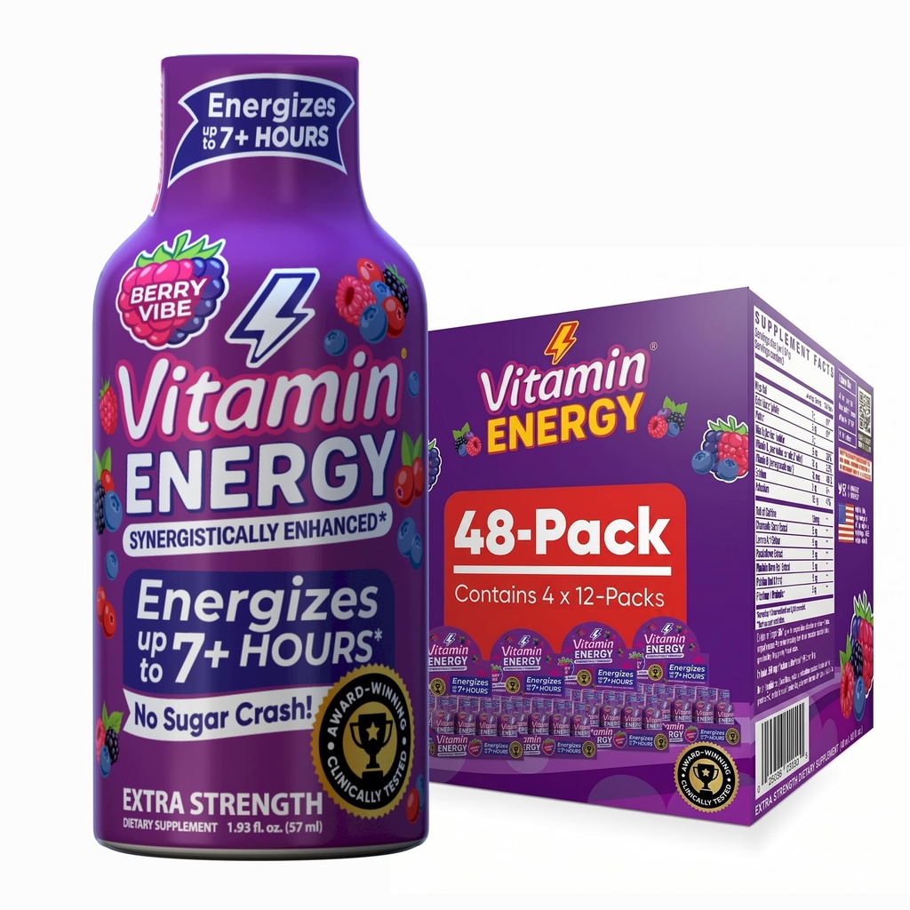 Vitamín Energy Mood+ Extra sila Energia Shot Tropical Berry 48 Balenie, 260mg Prírodný kofeín, B-vitamíny, Rhodiola, Kamilka, Mood & Energy Support, Zero Sugar, Gluten-Free, Vegan, 1,93 fl oz